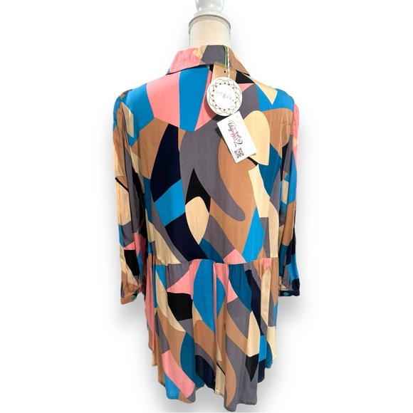 Umgee Plus Abstract Print 3/4 Puff Sleeve Button Up Collared BabyDoll Top - Picture 6 of 9